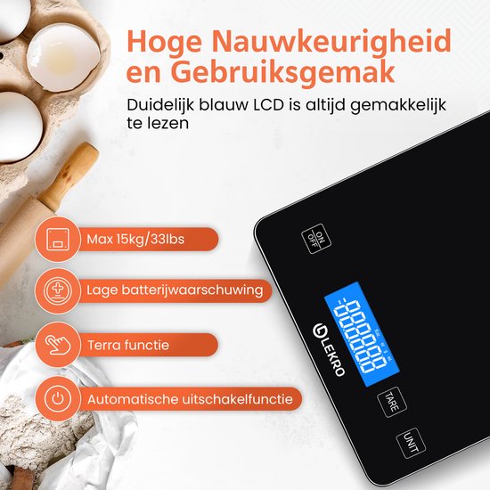 Digitale Präzisions-Küchenwaage – Küchenwaage – 1 g bis 15 kg – Tara-Funktion – Schwarz