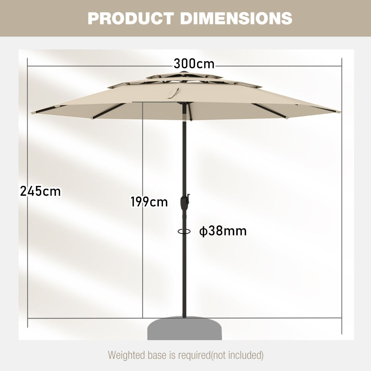 Coast Tischsonnenschirm – 3-lagig, belüftet – Neigbar mit Handkurbel – 300 cm Durchmesser – Beige