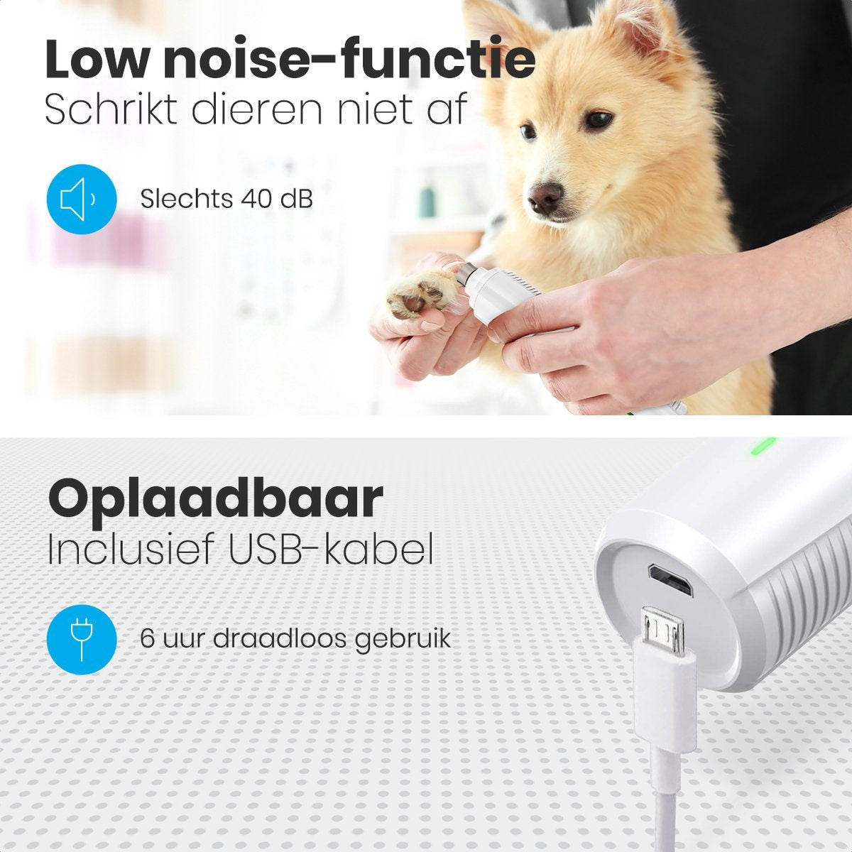 Auronic Elektrische Nagelfeile - für Tiere - wiederaufladbar - kabellos - Diamantfeilenkopf - Hund/Katze - weiß