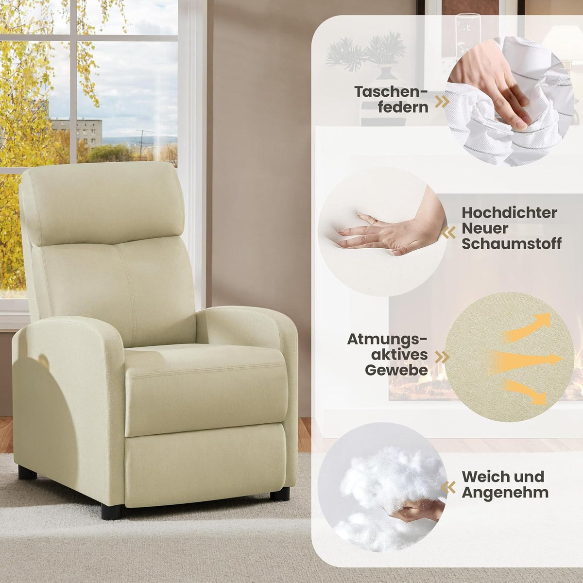 Yaheetech Relaxsessel TV-Sessel – 87 x 61,5 x 99 cm – Verstellbare Fußstütze – Beige