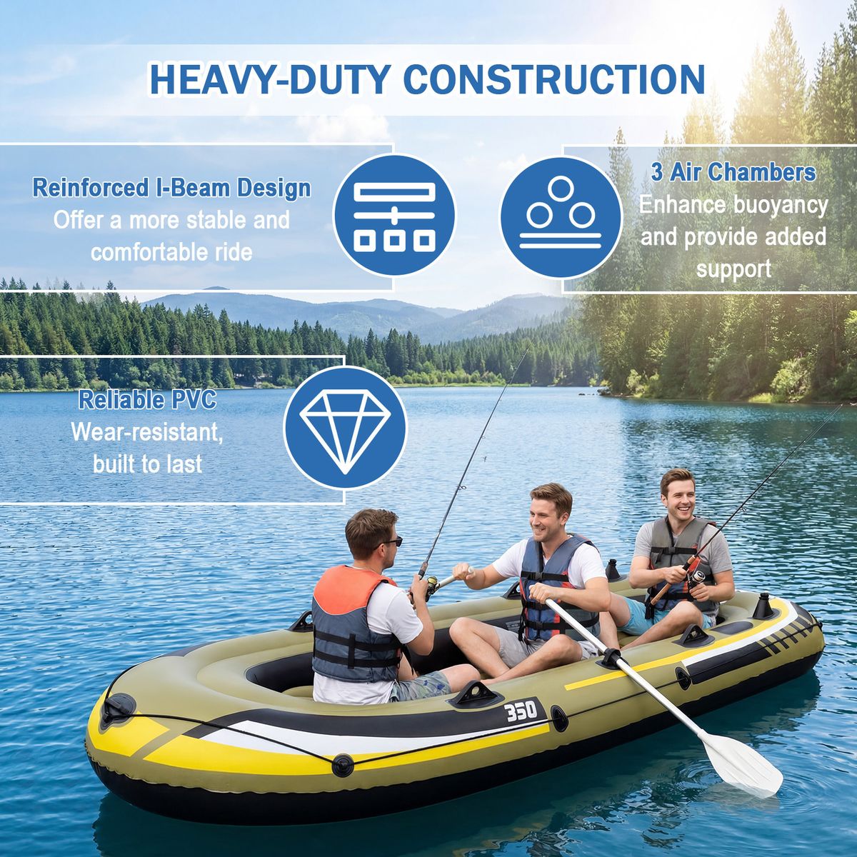 Coast Aufblasbares Fischerboot – 3 Luftkammern – inklusive Paddel und Pumpe – grün – 305 x 136 x 42 cm