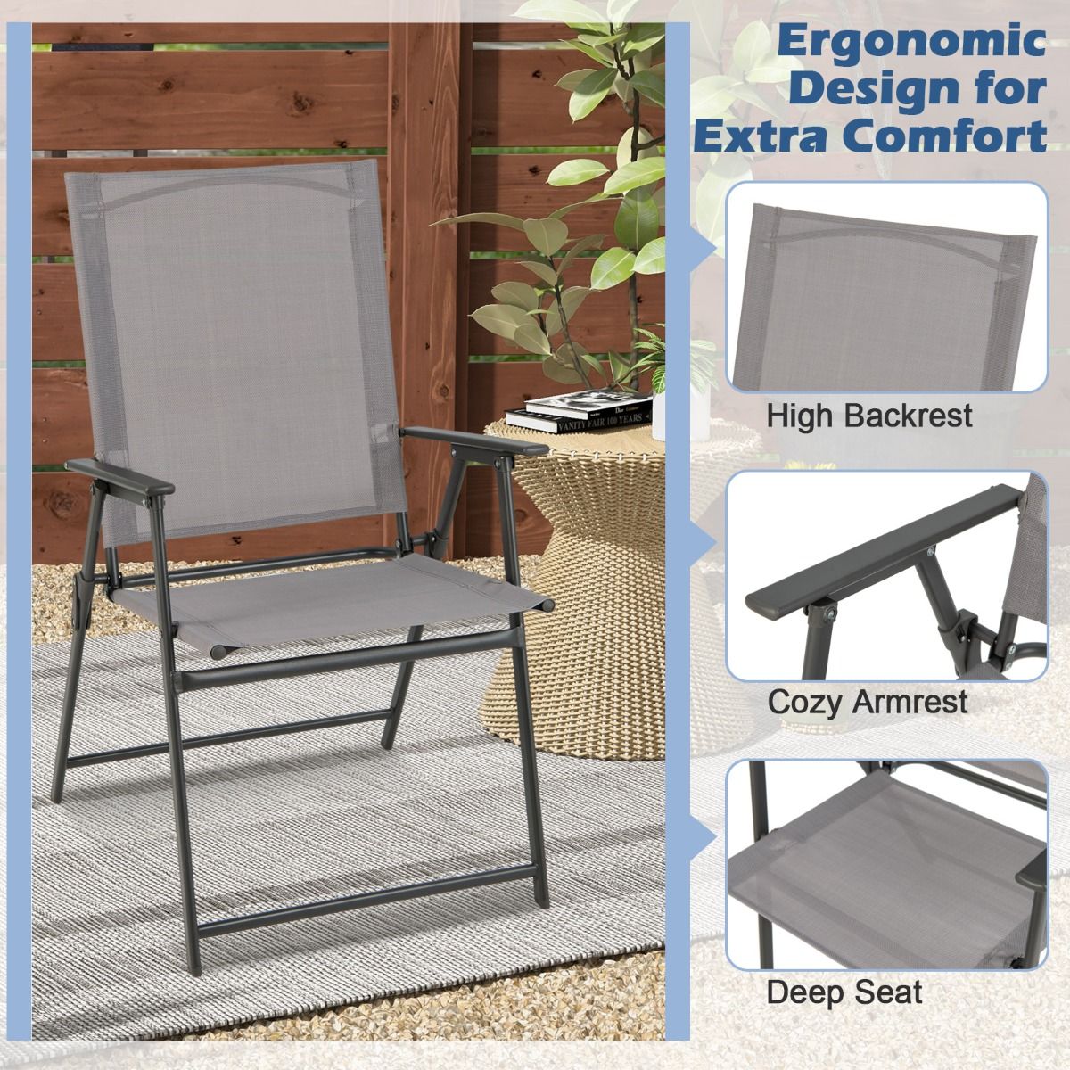 Coast Klappstühle für den Garten, 4er-Set – hohe Rückenlehne – ergonomisch – grau