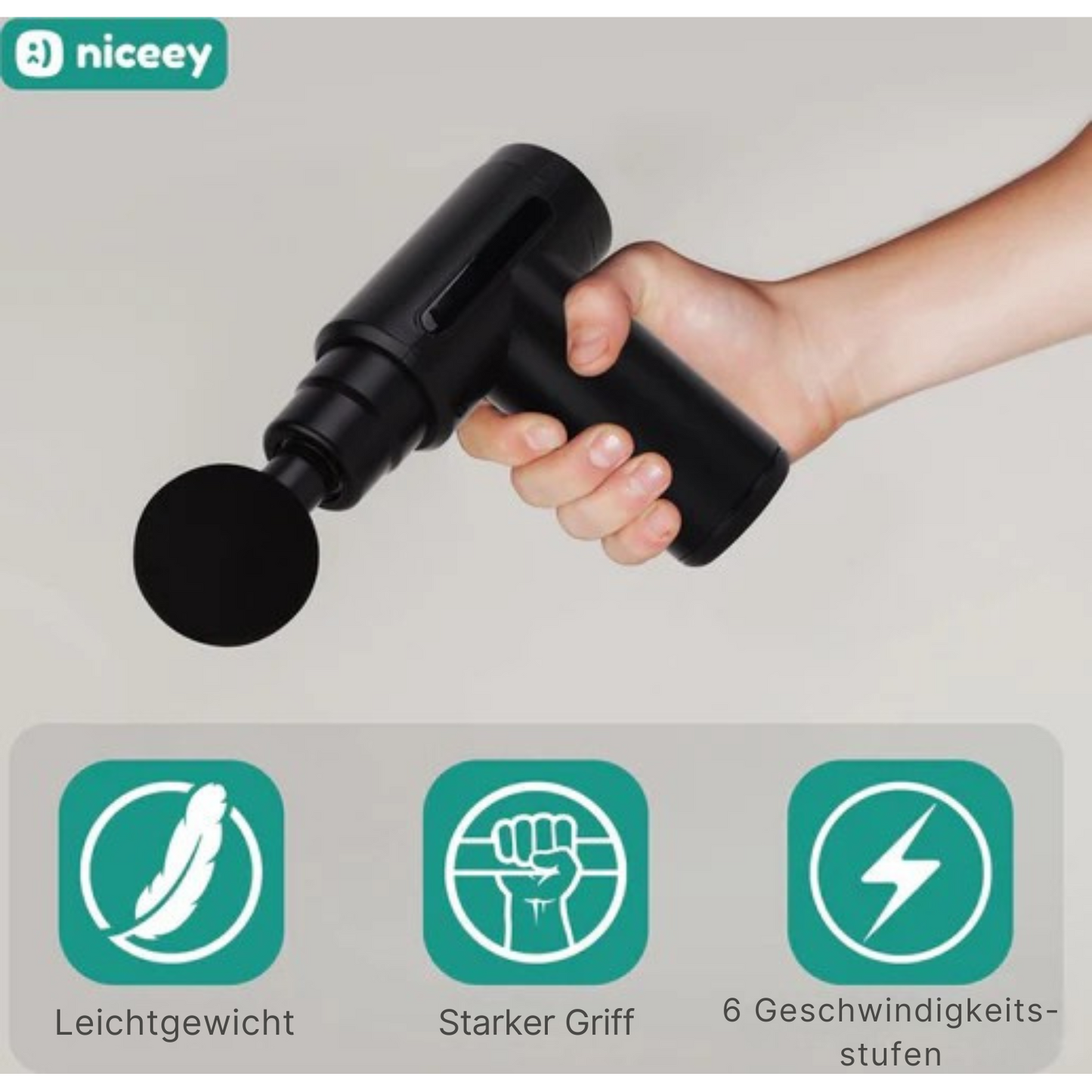 Niceey - Mini-Massagepistole - 6 Geschwindigkeiten - 5 Massageköpfe - Kabellos - Schwarz