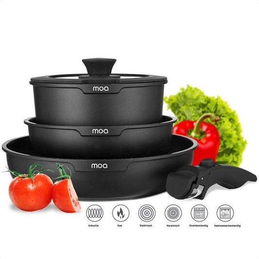 MOA Pfannenset - 5 Teile - Alle Wärmequellen - PFAS frei - Antihaftbeschichtung - Induktionspfannenset - Aluminium - Abnehmbarer Griff - Schwarz - PS501B