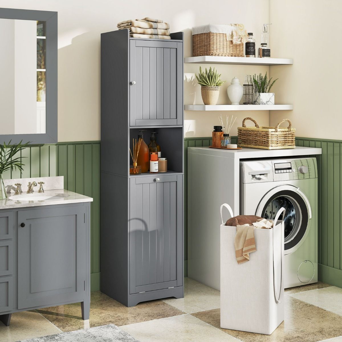 coast hoher Badezimmerschrank 170 cm grau - schmale Wäschesäule mit Wäschesack und verstellbaren Einlegeböden