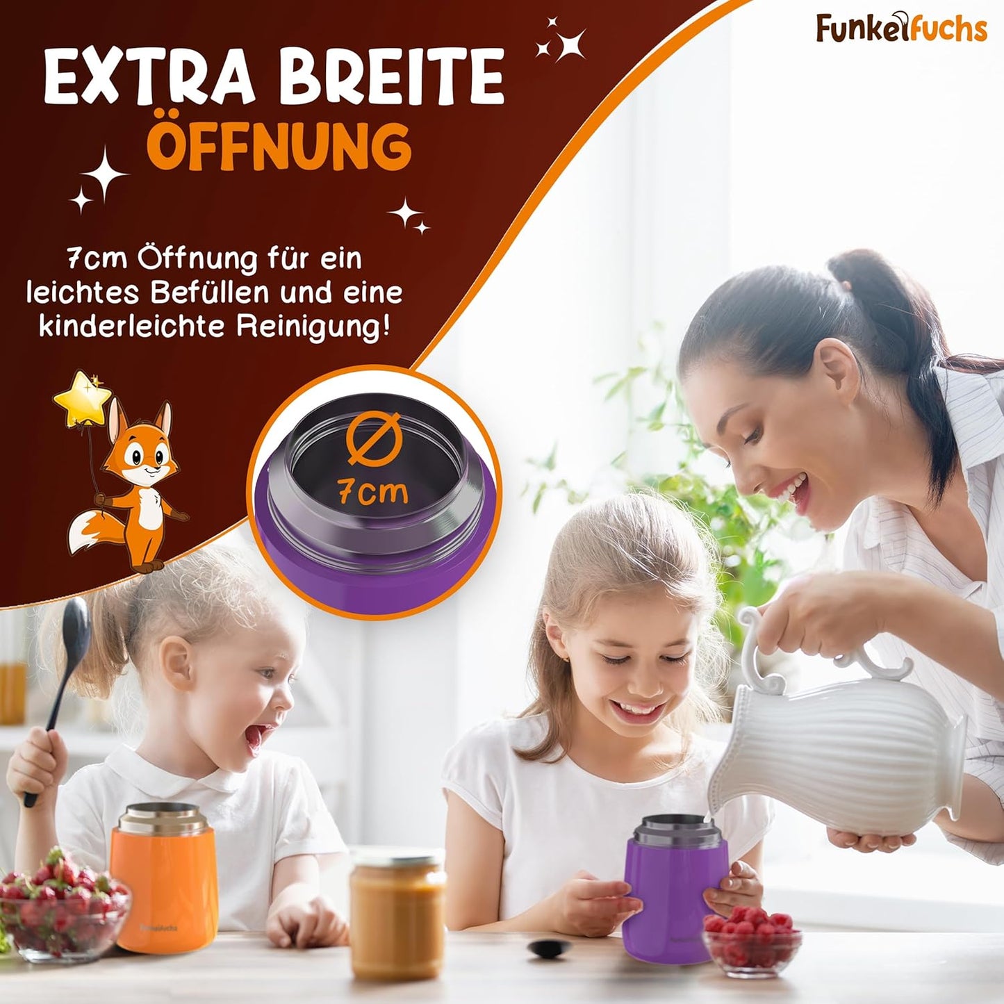 Funkelfuchs® Babykost Thermobecher - 500ml, lila Prinzessin - 100% auslaufsicher - Edelstahl Thermobecher - Thermobecher - Thermolunchbox - Babynahrung