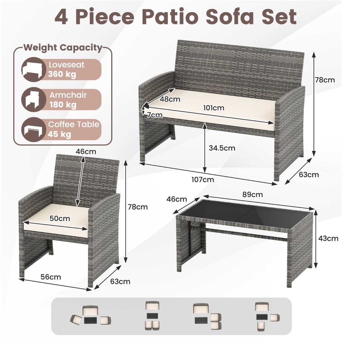 Coast 4-teiliges Gartenmöbel-Set – Rattan-Lounge-Set mit weißen Kissen – Tisch mit Sicherheitsglas – grau