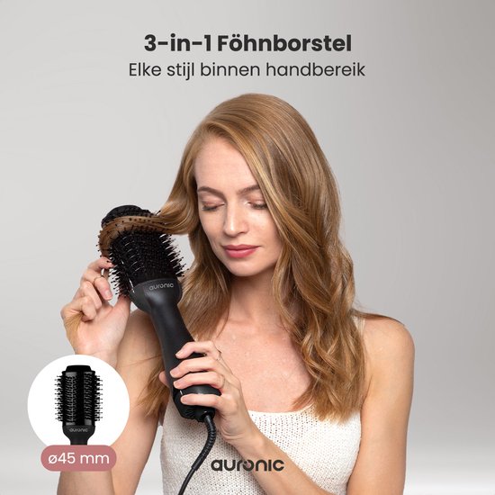 Auronic 3-in-1 Haartrocknerbürste - Airstyler - Lang - Style - Locken - 45 mm Lockenbürste - Keramik-Magic-Bürste - 1000W - Schwarz/Schwarz