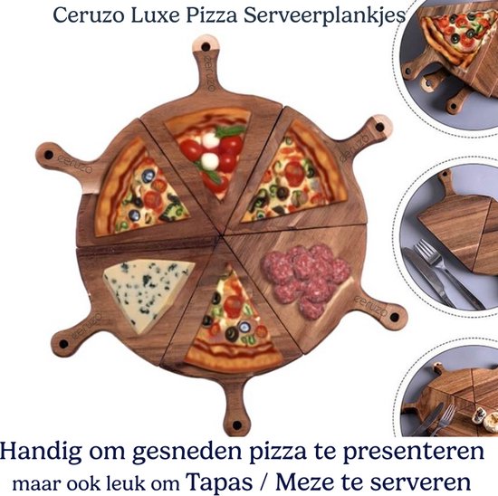 Ceruzo Luxe Pizza-Servierbretter – 6 Stück – Zusammen ergeben sie ein Pizzateller – Akazienholz