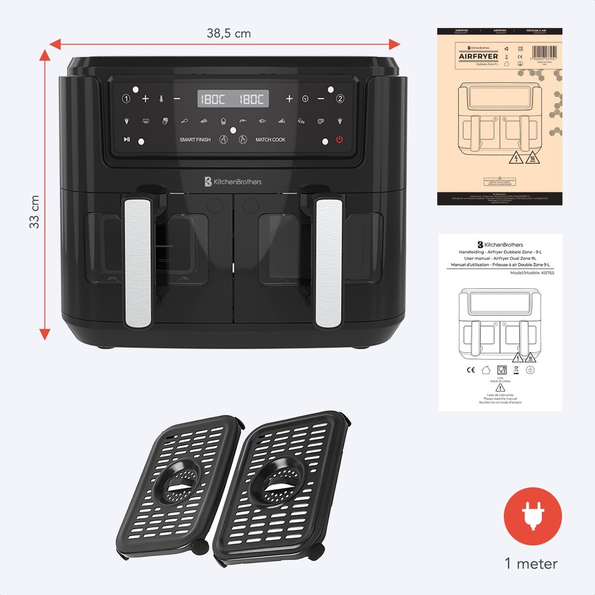 KitchenBrothers - Airfryer XXL - 9L - Heißluftfritteuse - 2 x 4.5L - 2400W - Schwarz