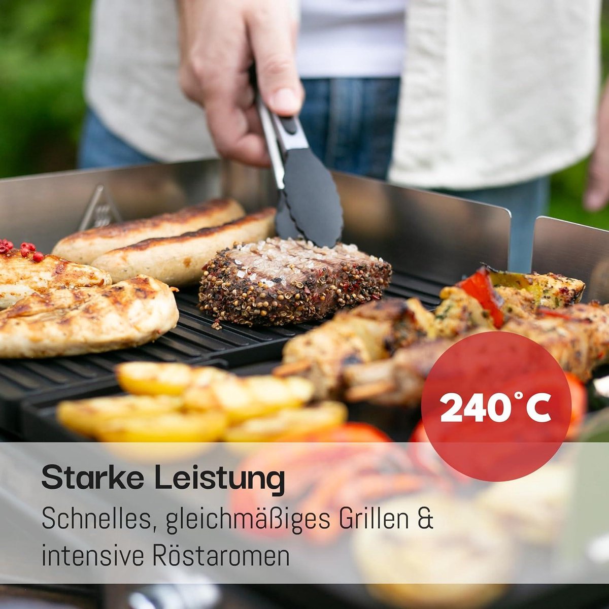 LEBENLANG Elektro-Tischgrill 2400W - Grau - 2x Grillplatten (gerippt & glatt) - 55 x 30 cm - Inklusive Grillzange und Spritzschutz - Für den Innen- und Außenbereich