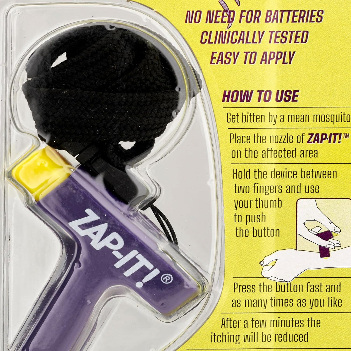 NoMasQuito Zap-It! Mückenstich-Linderer – piezoelektrisch – ohne Batterien – lila/gelb – 17 x 8 x 2,3 cm
