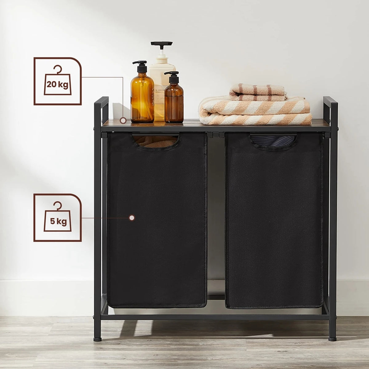 JOYFURNOS Wäschekorb mit 2 Fächern – 2 x 46 Liter – 73 x 33 x 72 cm – Vintage-Braun-Schwarz