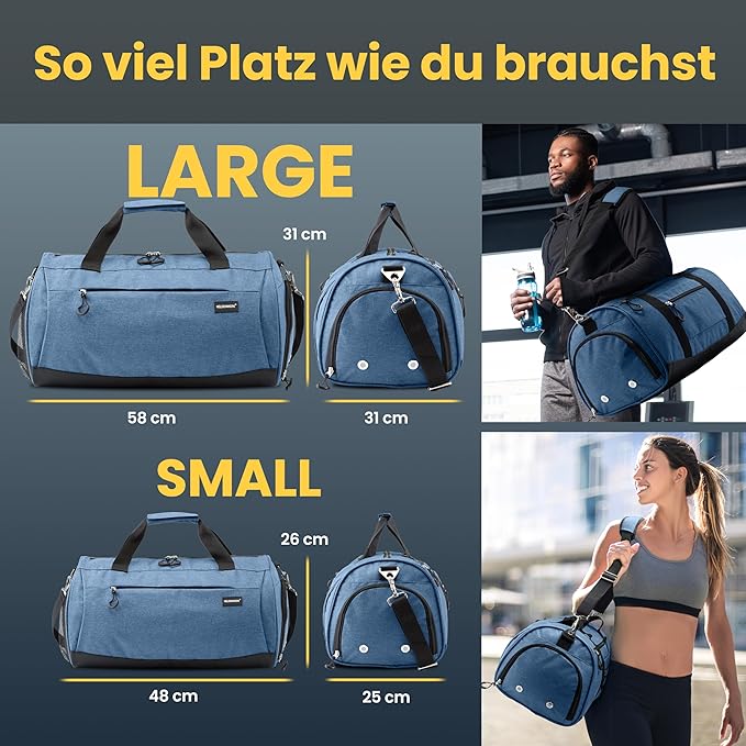 Herowerk Sporttasche mit Schuhfach und Nassfach, Trainingstasche für Damen und Herren, ideal als Reisetasche, Fitnesstasche, Trainingstasche oder Sporttasche, Dunkelblau, Sporttasche mit Schultergurt