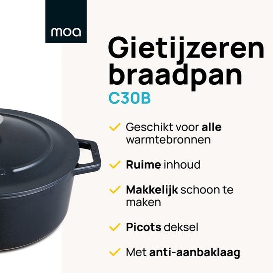 MOA Gusseisen-Kasserolle - Fassungsvermögen 7,2 Liter - 30CM - Rund - Alle Wärmequellen - Auch für Induktion - Gewicht 7,3 kg - Schwarz - C30B