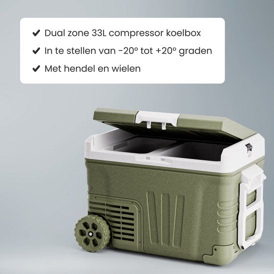 Auronic Electric Cool Box - Kompressor - 2 Zonen - 33L - 12/24V und 240V - Kühlen und Gefrieren - Campingkühlschrank - Frigobox Auto - Mit Rädern und Griff - Grün