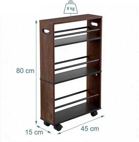 Küchenwagen auf Rollen – 80 x 15 x 45 cm – schmal – schwarz-braun