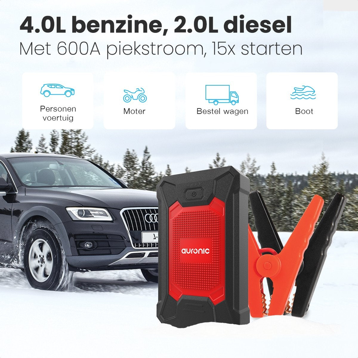Auronic 12V Starthilfe für Auto 600A / 7.200 mAh 4-in-1 Starthilfe inkl. Tasche - Rot/Schwarz