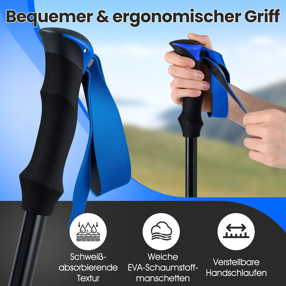 Coast Klappbare Gehstöcke – mit Schnellverschluss – verstellbar von 166 bis 195 cm – blau