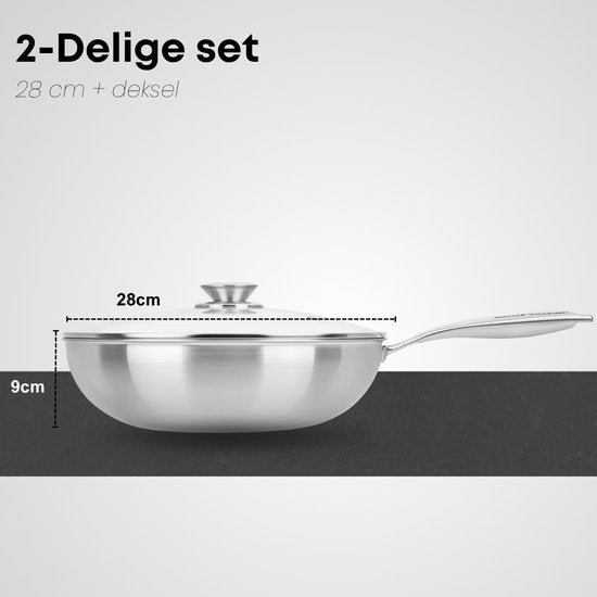 Savoré Kitchen Wokpfanne Edelstahl 28 cm mit Deckel - Induktionsgeeignet - Wokpfannen - 3-lagig - Professionelle Wärmeverteilung
