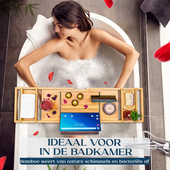 Ecowize - Luxuriöses Bambus-Badetablet - mit Buchhalterung - ausziehbar - 75cm bis 110cm - Bambus