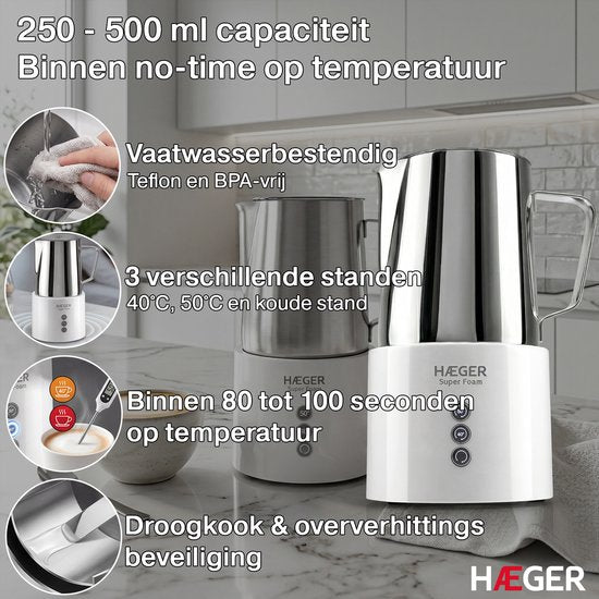 Haeger Super Foam Elektrischer Milchaufschäumer – BPA- und PFAS-frei – Warmhaltefunktion und Antihaftbeschichtung – 250 ml – 600 W – Praktischer Milchaufschäumer – Milchaufschläger – Weiß