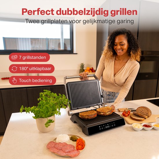 AoraKitchen Kontaktgrill - 180º ausklappbar - Grillgerät mit abnehmbaren Platten - 7 Ständer - Sandwich- und Panini-Eisen - 2000W