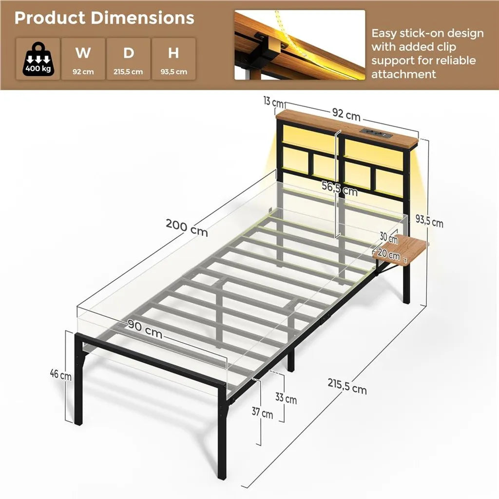 Yaheetech Metall-Bettgestell mit LED und Ladestation, 90 x 200 cm, schwarz