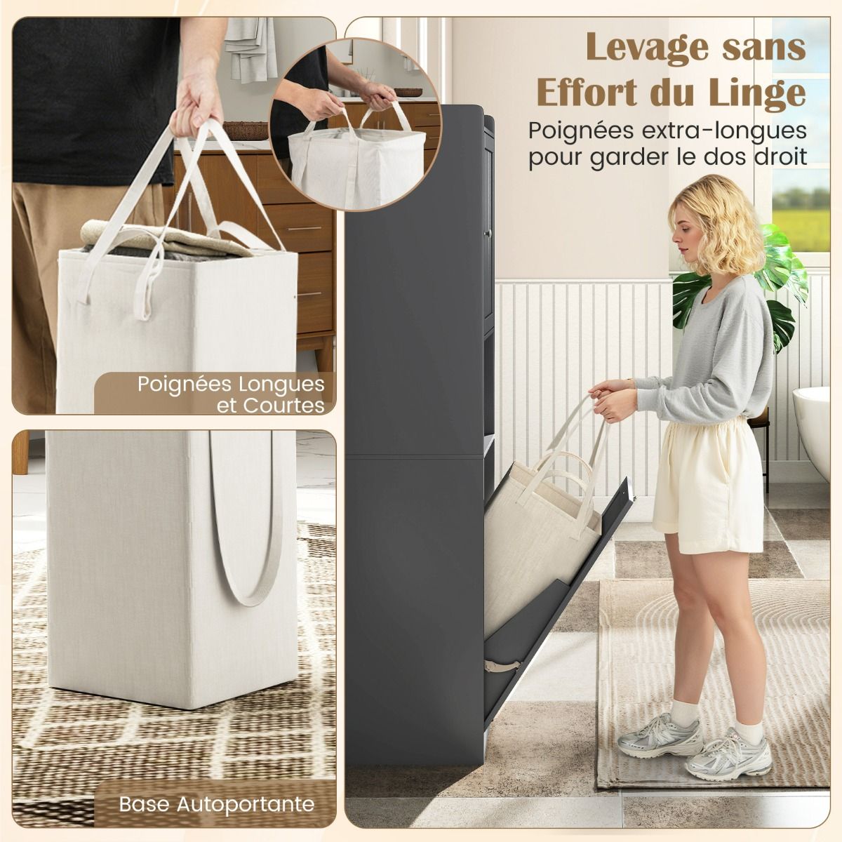 coast hoher Badezimmerschrank 170 cm grau - schmale Wäschesäule mit Wäschesack und verstellbaren Einlegeböden