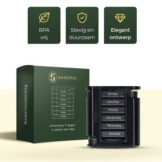 Gandria Pillendose 7 Tage - Herausnehmbare Pillendose - Stapelbare Medikamentenbox mit 28 Fächern - Medikamentenbox mit stabilem Verschluss - 4 Fächer pro Tag - Schwarz