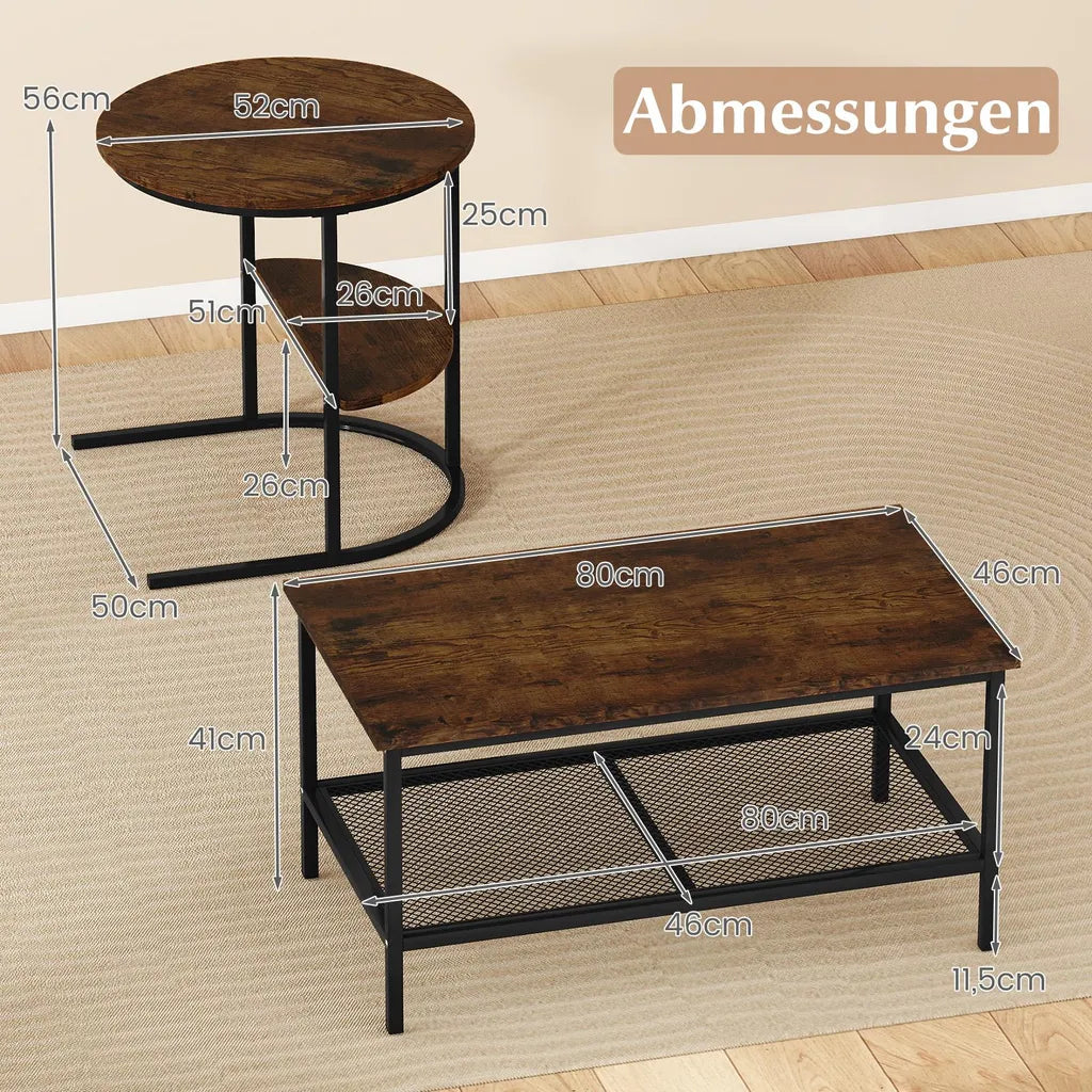 Coast Couchtisch 2er-Set - Ovaler und runder Beistelltisch mit Metallgestell - Braun
