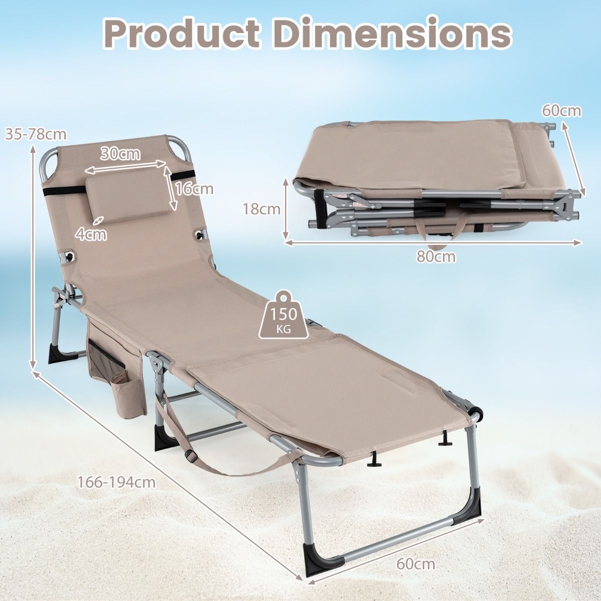 Coast Klappbarer Sonnenliege-Stuhl – verstellbare Rückenlehne und Fußstütze – mit Gesichtsausschnitt und Seitentaschen – beige