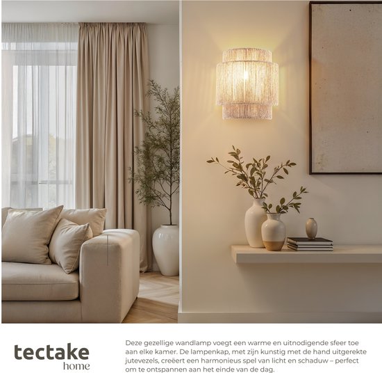 tectake® Wandleuchte Lignea Lux - 40W - 12 x 23 x 25,5 cm - E14 - Wandleuchte für Wohnzimmer, Schlafzimmer, Esszimmer - Boho Style Burlap Lamp - Treppenhausbeleuchtung - halbrund