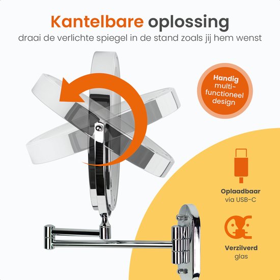 Goliving Make-up-Spiegel mit Beleuchtung - Ø25 cm - 10-fache Vergrößerung - Dimmbarer Make-up-Spiegel - Rasierspiegel - LED-Beleuchtung - USB-C aufladbar - Doppelseitig - 27 x 27 cm - Chrom