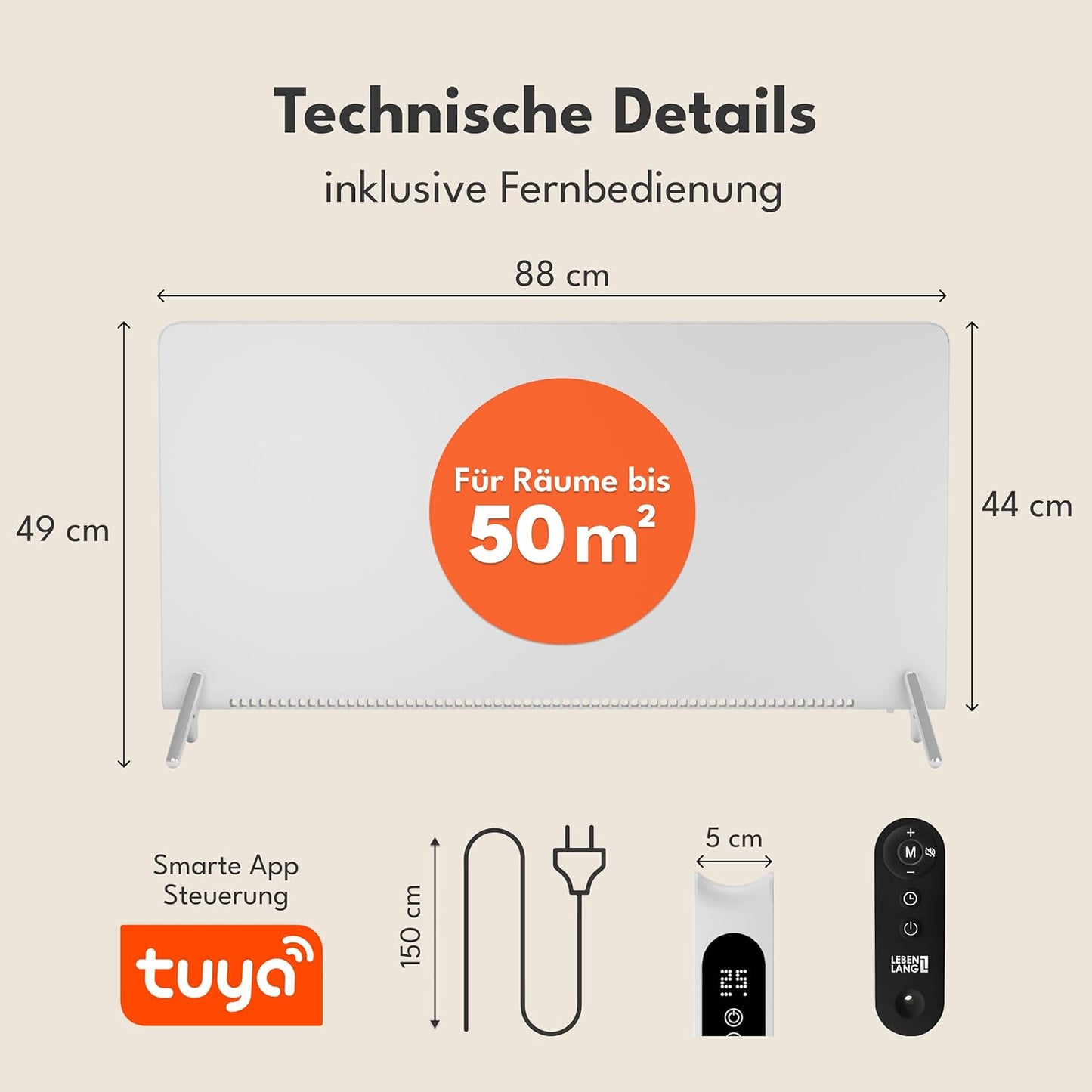 LEBENLANG Elektroheizgerät - 2000W - Wifi und App-Steuerung - Fernbedienung - 88 x 5 x 49 cm - Weiß