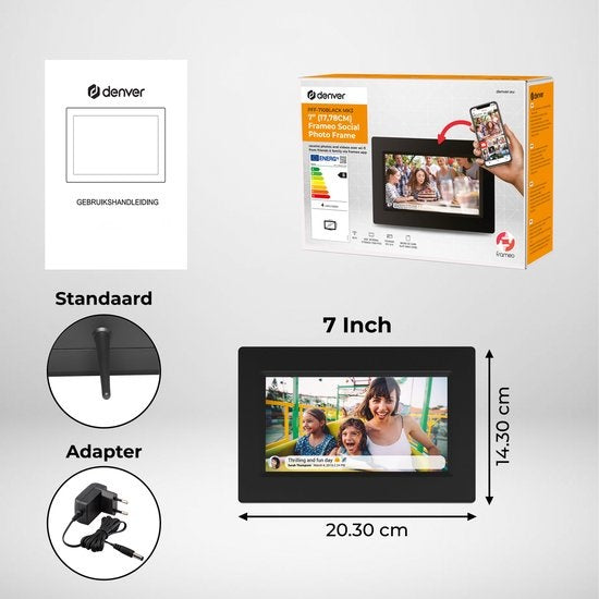 Denver Digitaler Fotorahmen 7 Zoll - Frameo App - Fotorahmen - WiFi - IPS Touchscreen - 8GB - PFF710B