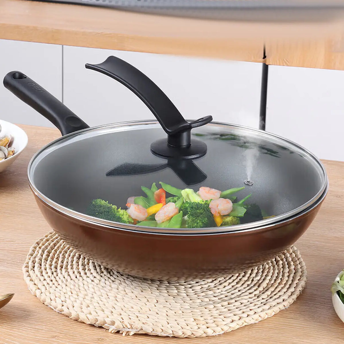 BJ Deckel aus gehärtetem Glas – 34 cm – mit Dampföffnung – hitzebeständig – Edelstahlrand – Griff 13 cm