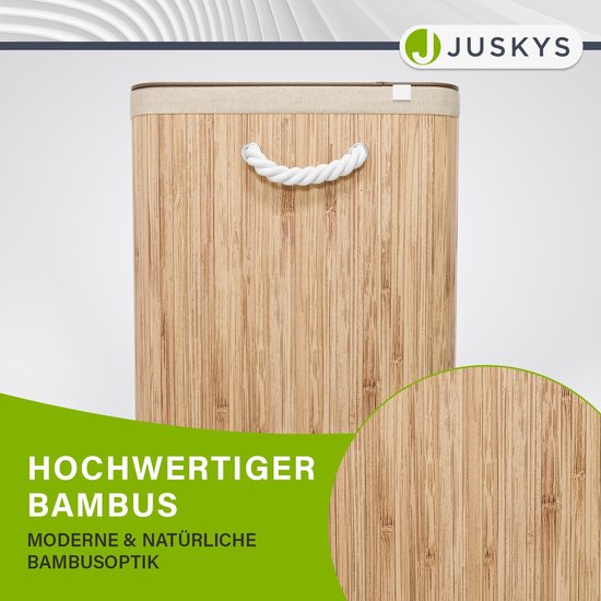 Juskys Bambus-Wäschekorb Curly Natural 150L - Hygienischer Wäschekorb mit Deckel, Tragegriff & Wäschesack - 3 Fächer - Natürliche Bambusoptik
