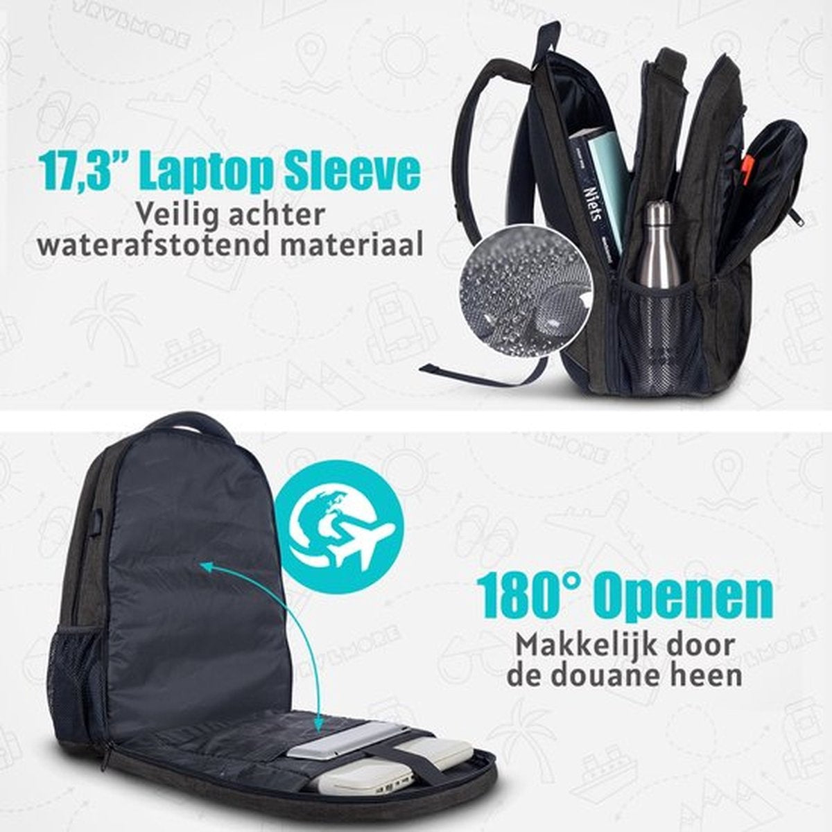 TRVLMORE Rucksack - 36L - 17.3 Zoll - Laptop-Rucksack - Schultasche - Unisex - Spritzwassergeschützt Anthrazit