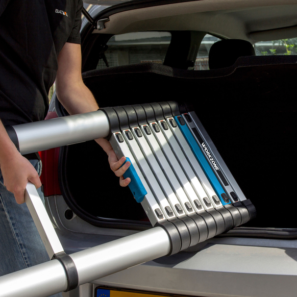 Workzone Teleskopleiter - 4.02m - 11 Stufen - Max. 150 kg - Soft-Close - Silber