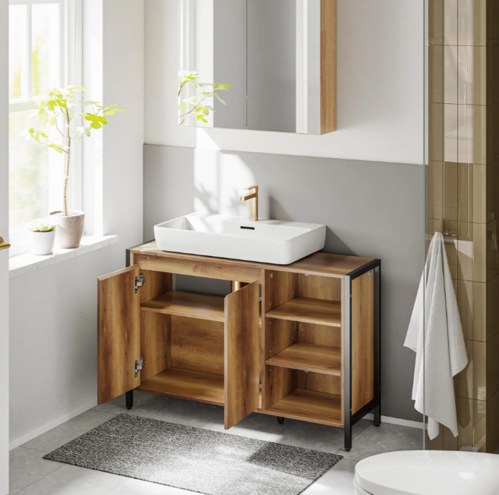 SoBuy Waschbeckenunterschrank 90 x 30 x 60 cm – Braun/Schwarz – 2 Türen – 3 Einlegeböden