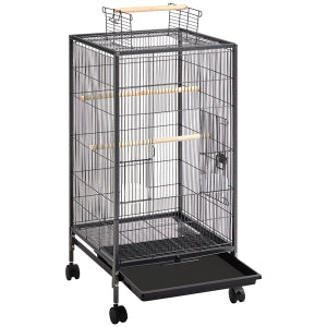 Yaheetech Vogelkäfig mit mobilem Unterbau - ausgestattet mit ausziehbarer Schublade und 4 Kunststoff-Futterstellen und 3 Holzstangen - für kleine Vögel und Sittiche - gehämmertes schwarzes Metall und Massivholz - 45,5 x 45,5 x 100,5 cm