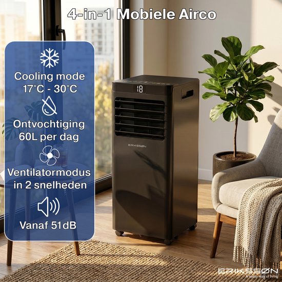 Erikssøn Mobile Klimaanlage – 10.000 BTU – inkl. Fensterdichtungsset – bis zu 30 m² – 4-in-1 – Klimaanlage – Ventilator – Luftentfeuchter – Schwarz