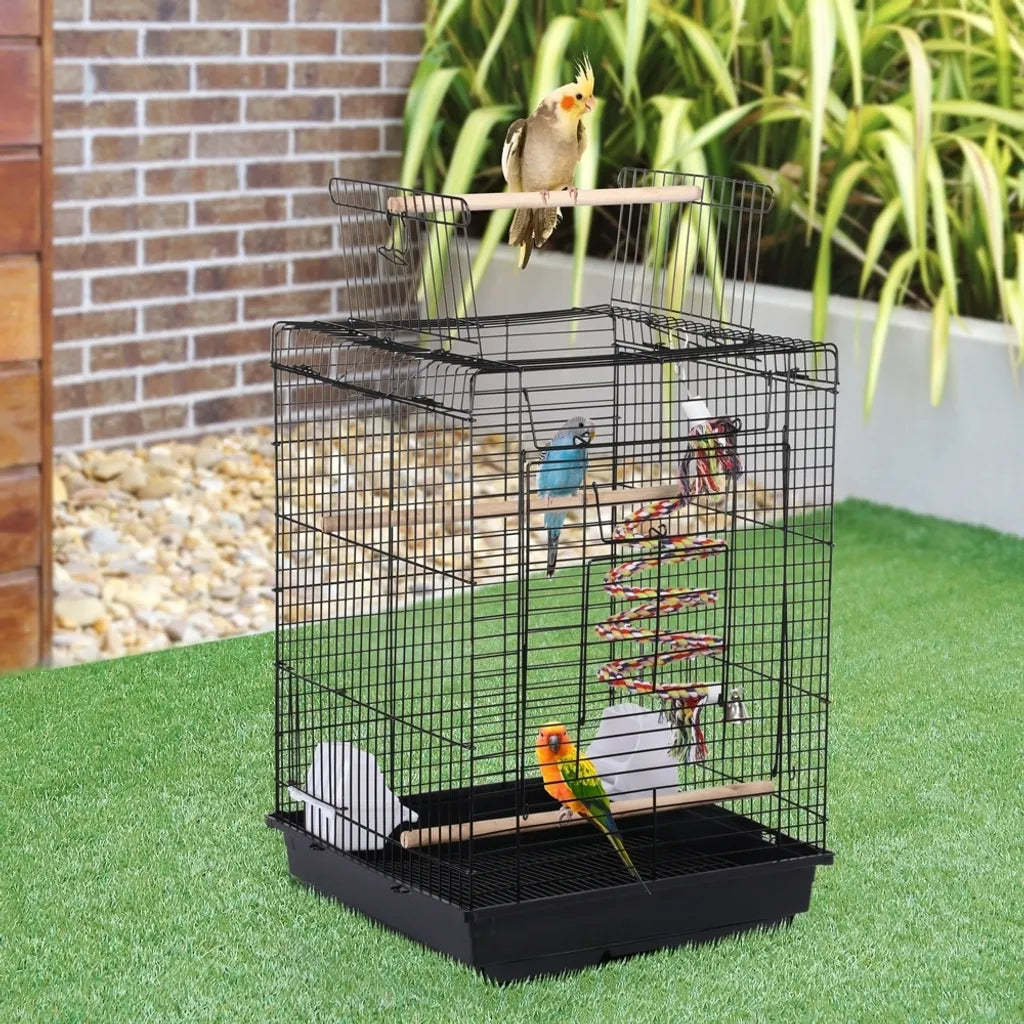 Yaheetech Vogelkäfig mit Spielzeug und aufklappbarem Dach – Schwarz – 40 x 40 x 58 cm