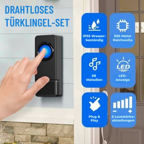 Strex - Funk-Türklingel - mit 2 Batterieempfängern - 300 Meter - 4 Lautstärken / 58 Melodien - IP55 Wasserdicht - Schwarz