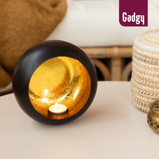 Gadgy Teelichthalter rund - Teelichthalter - Weihnachtsdekoration Wohnzimmer - Stimmungsvolle Lichter im Innenbereich - Kerzenhalter für Teelichter 17x17 cm - Windlicht Metall - Schwarz/Gold - Geschenk für Frauen