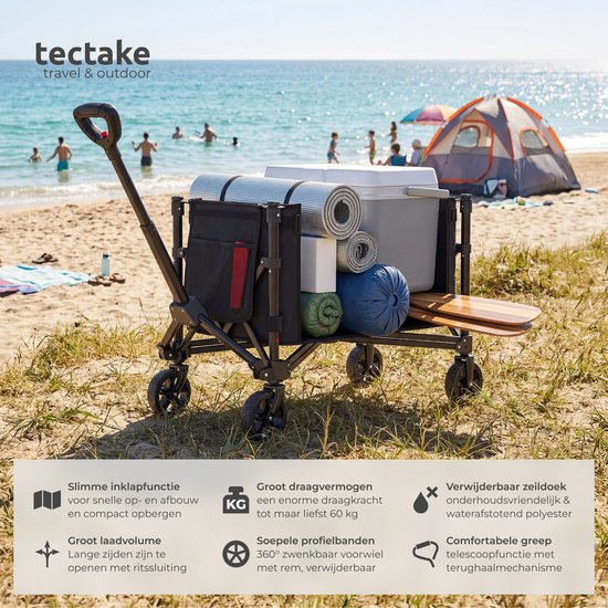 tectake® Handwagen – Zusammenklappbar – 60 kg Tragkraft – Schwenkbare Massivräder – 47 x 83 x 90 cm - Handkarren – Transportwagen – Mit verstellbarer Schiebestange – Handkarren – Wasserabweisender Transportwagen – Mit Ablagebrett und Innenfach