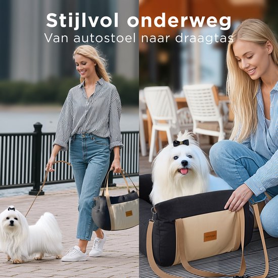 CozySense® Hundeautositz - Hundekorb Auto für kleine Hunde - Vorder- & Rücksitz - waschbarer Bezug & auch als Tragetasche - Schwarz/Beige