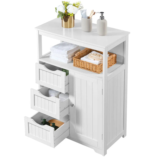 Yaheetech Badezimmerschrank 66 x 35 x 90 cm – Weiß – Aufbewahrungsschrank aus Holz mit 3 Schubladen und verstellbarem Einlegeboden