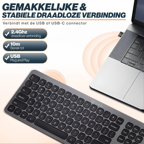 Ergonomische Tastatur - Kabellose Tastatur - Schnurlose Tastatur - USB-C & USB - Leise Tasten - Schwarz/Anthrazit - Geeignet für Windows & Mac
